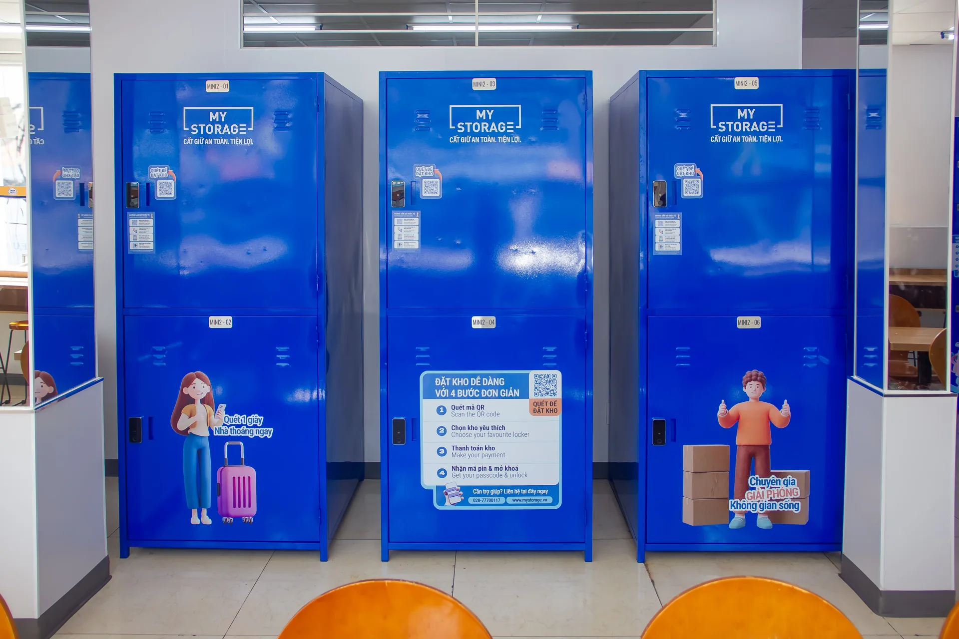 A full view of the MyStorage locker bank at Ministop Tran Khac Chan, District 1