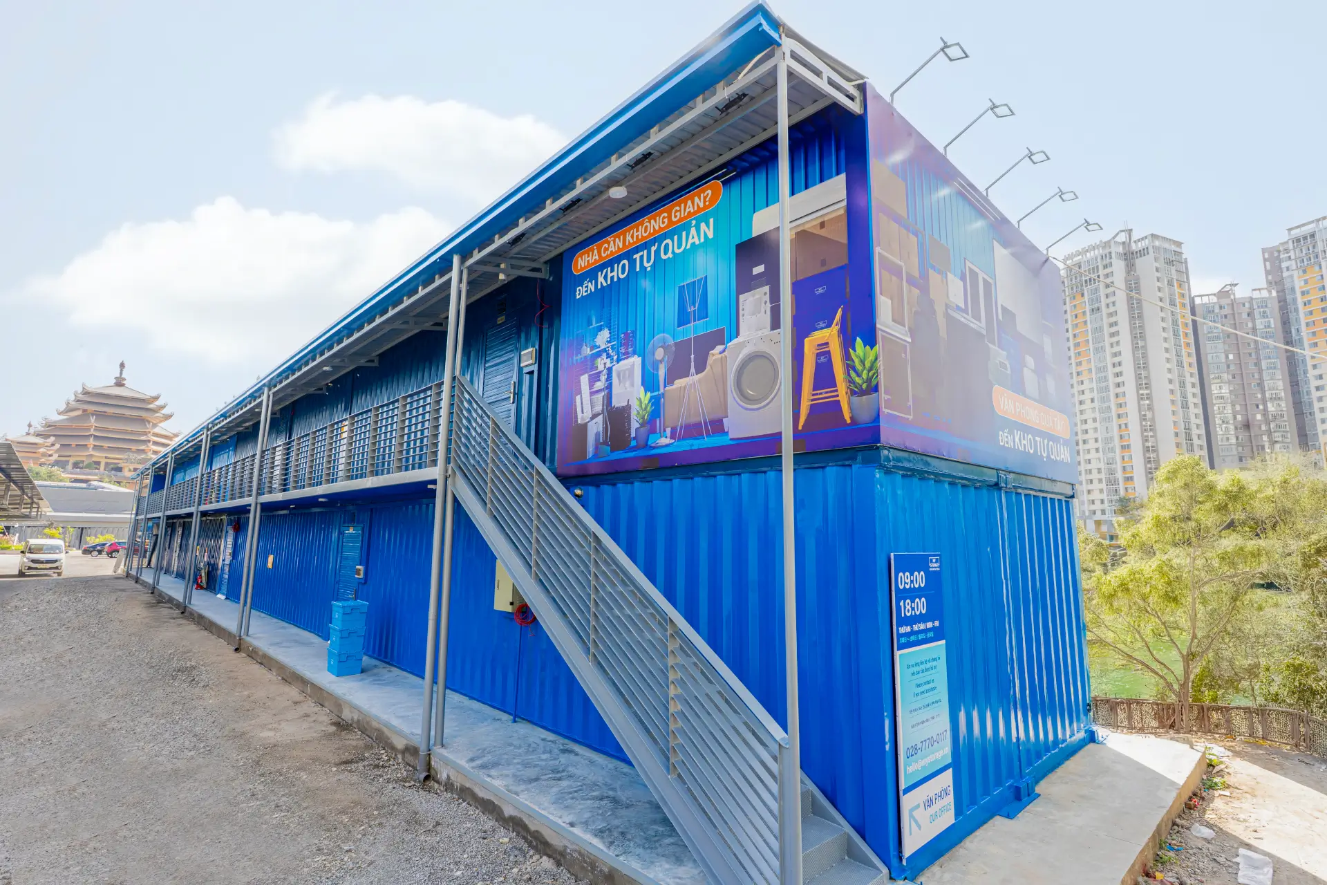 Blue container storage building at MyStorage An Phu Sports Park