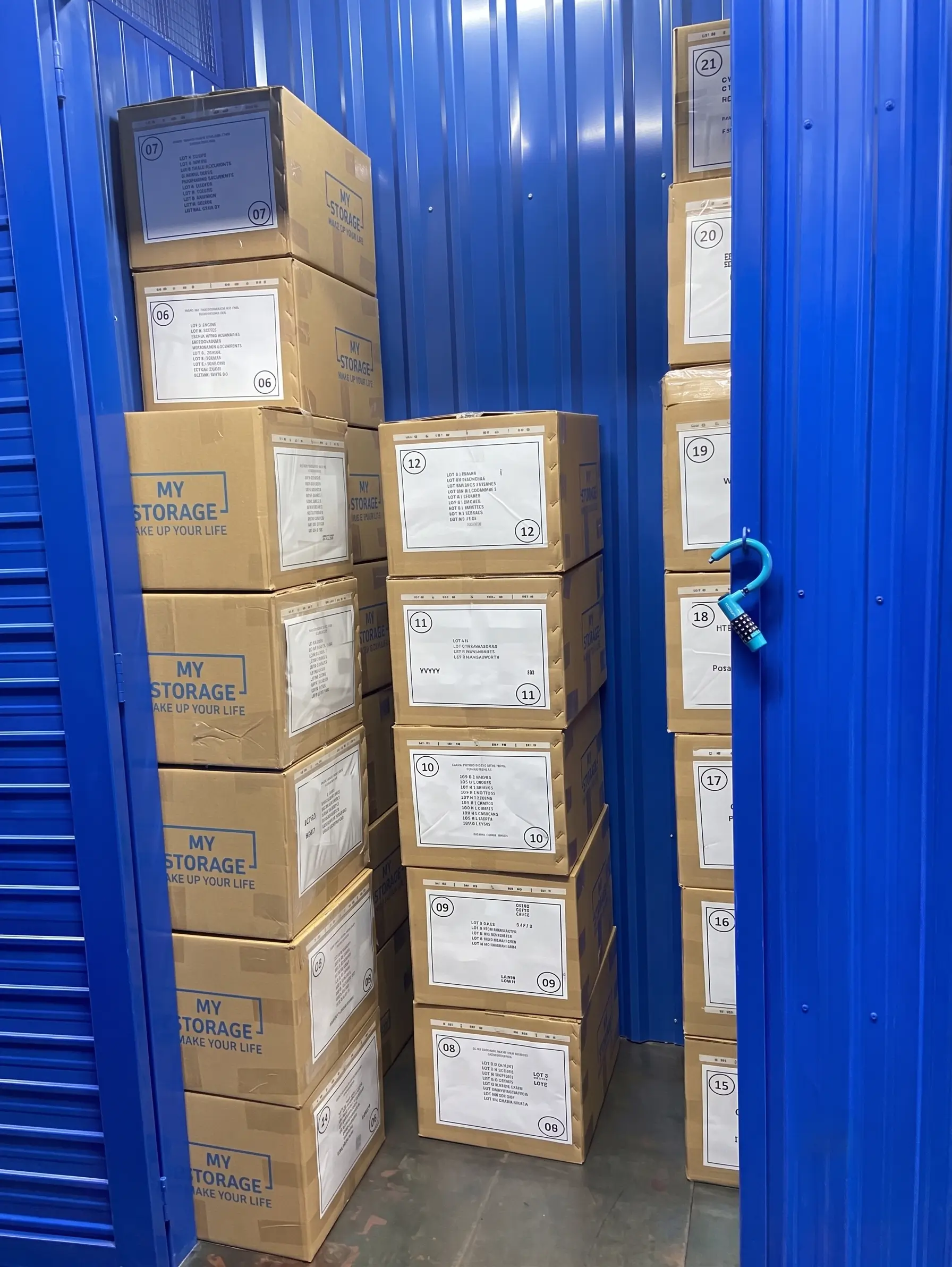 Stacked storage boxes inside a MyStorage storage unit.