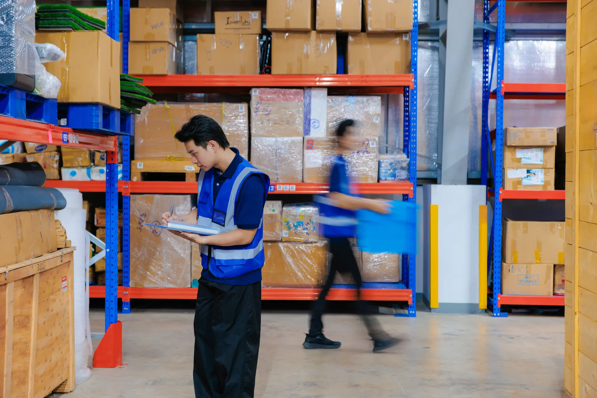 Warehouse worker writing on a clipboard while checking stored goods.
