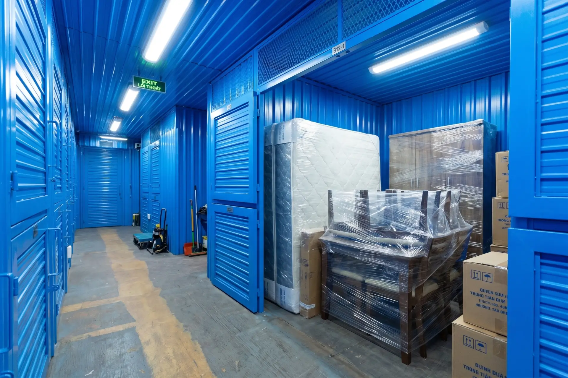 Wrapped furniture stored in a MyStorage unit.