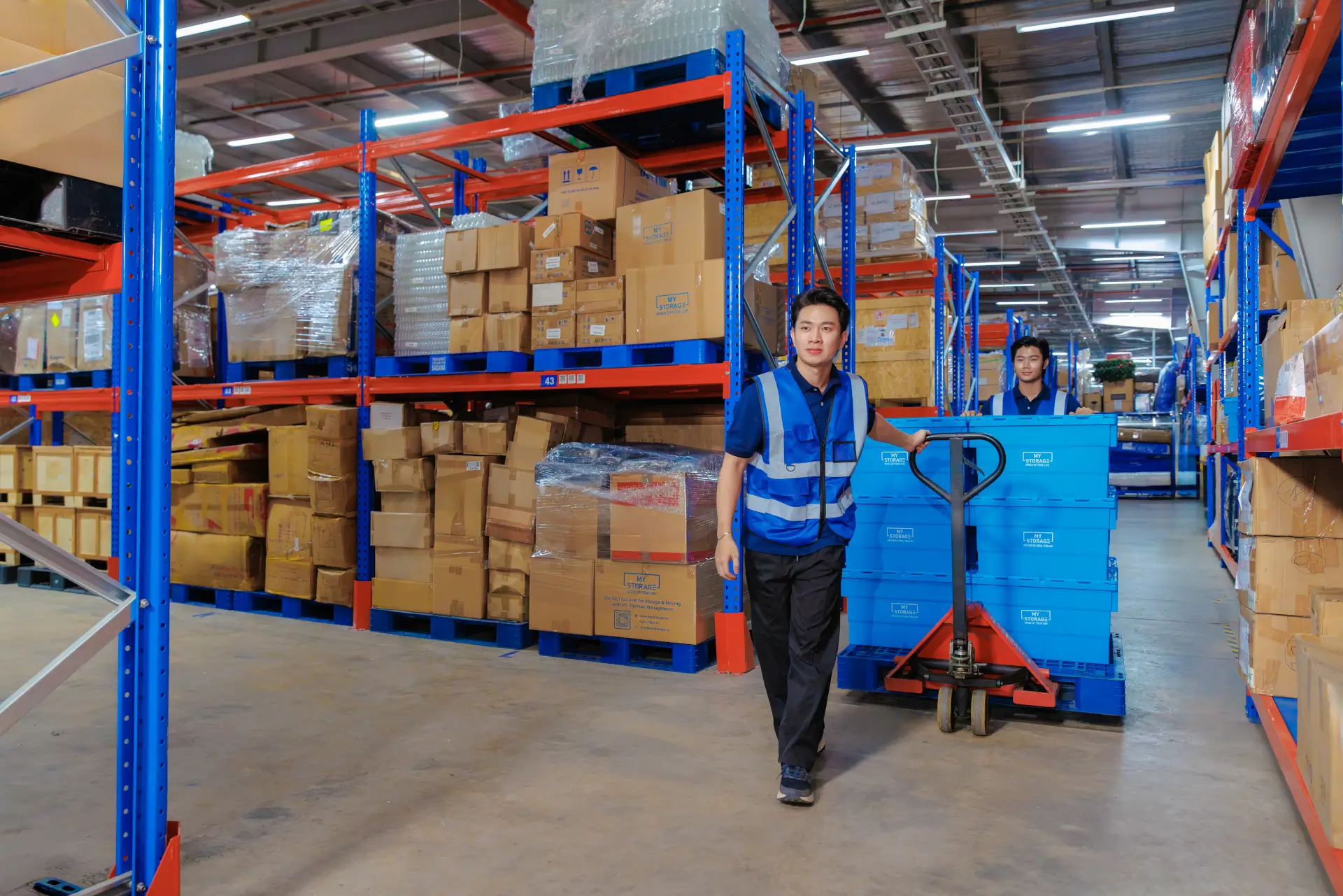 Warehouse worker assisting with stored items