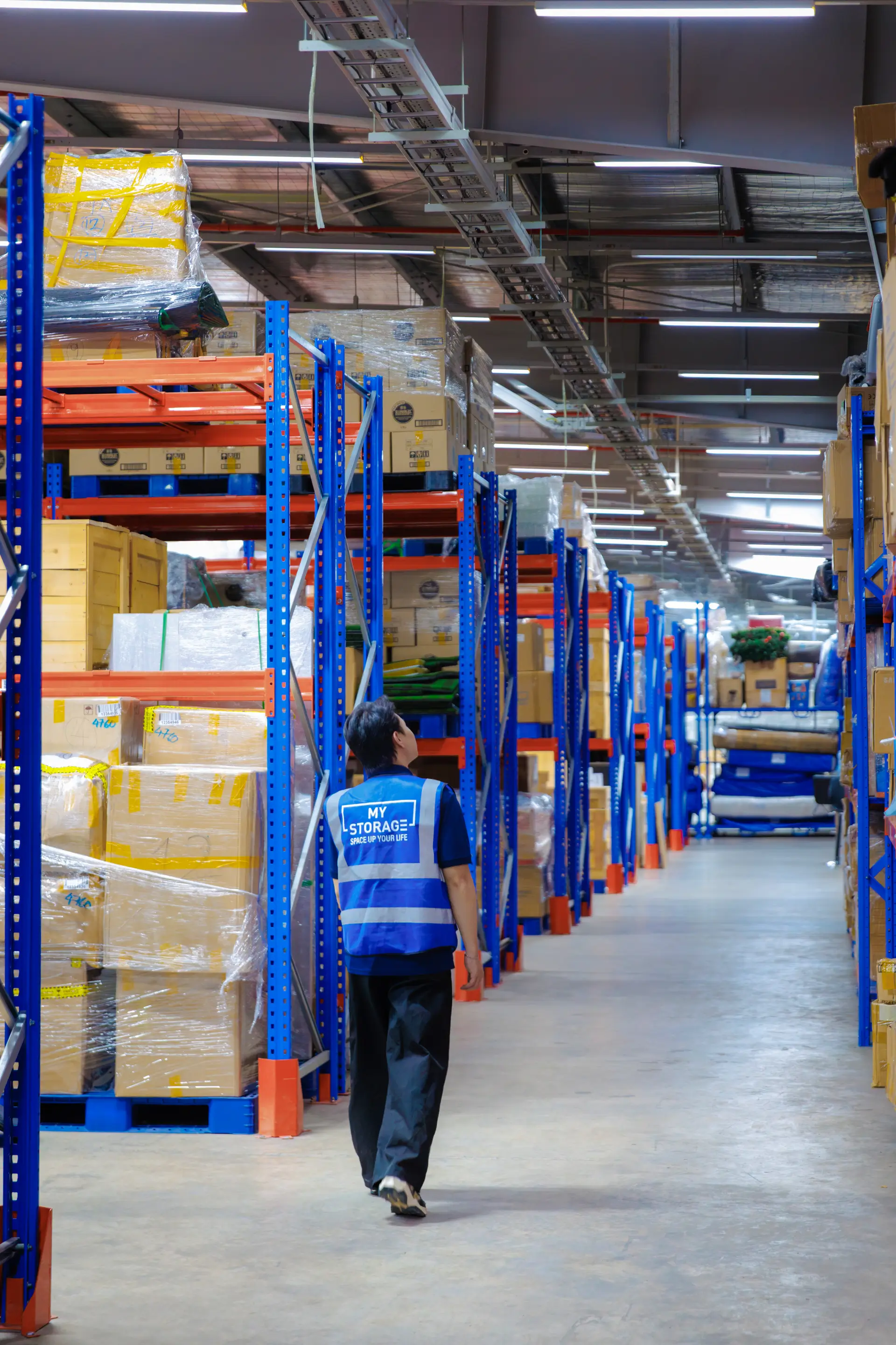 Warehouse worker in a clean, modern storage facility
