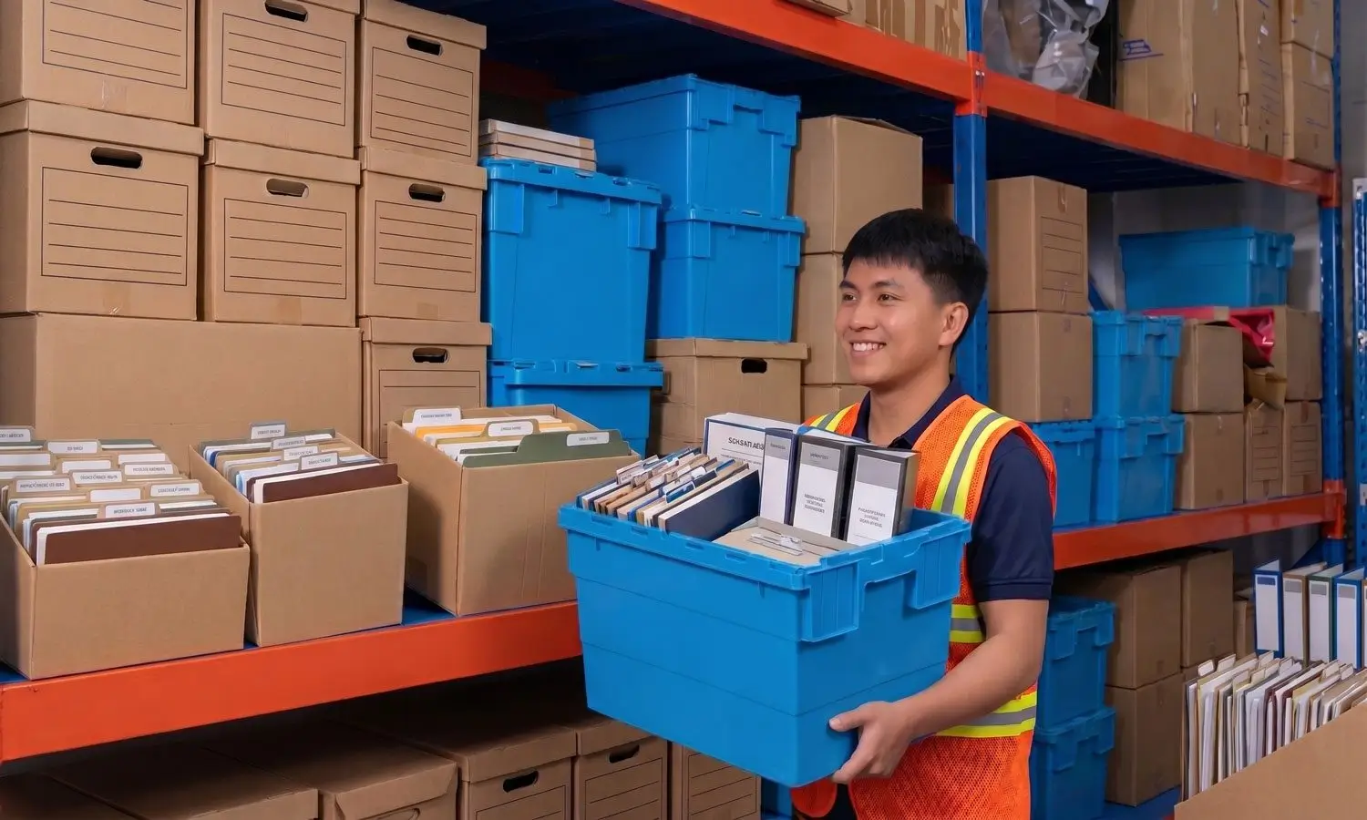 A MyStorage staff member carrying a crate of archived business documents