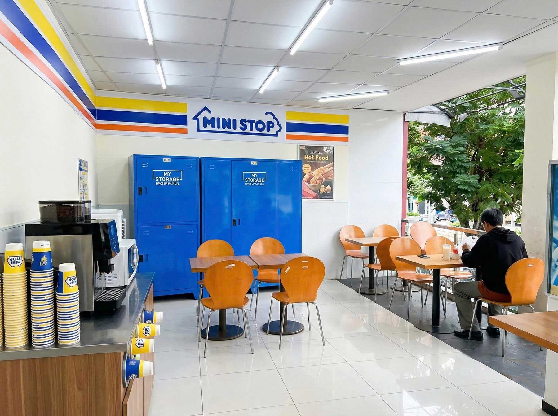 Blue MyStorage lockers under the Ministop sign inside the store