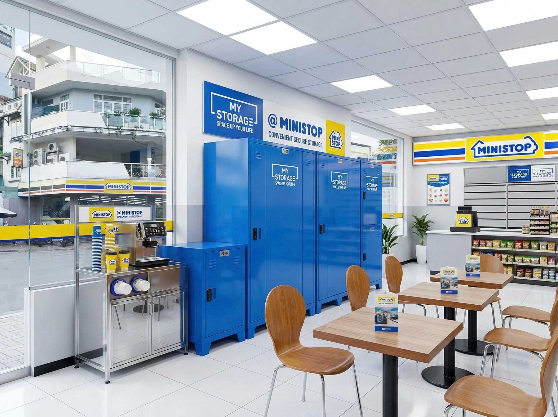 A row of MyStorage lockers next to the store window