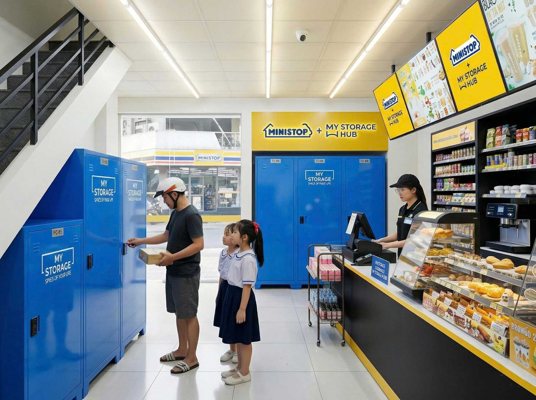 A customer opening a MyStorage locker inside Ministop