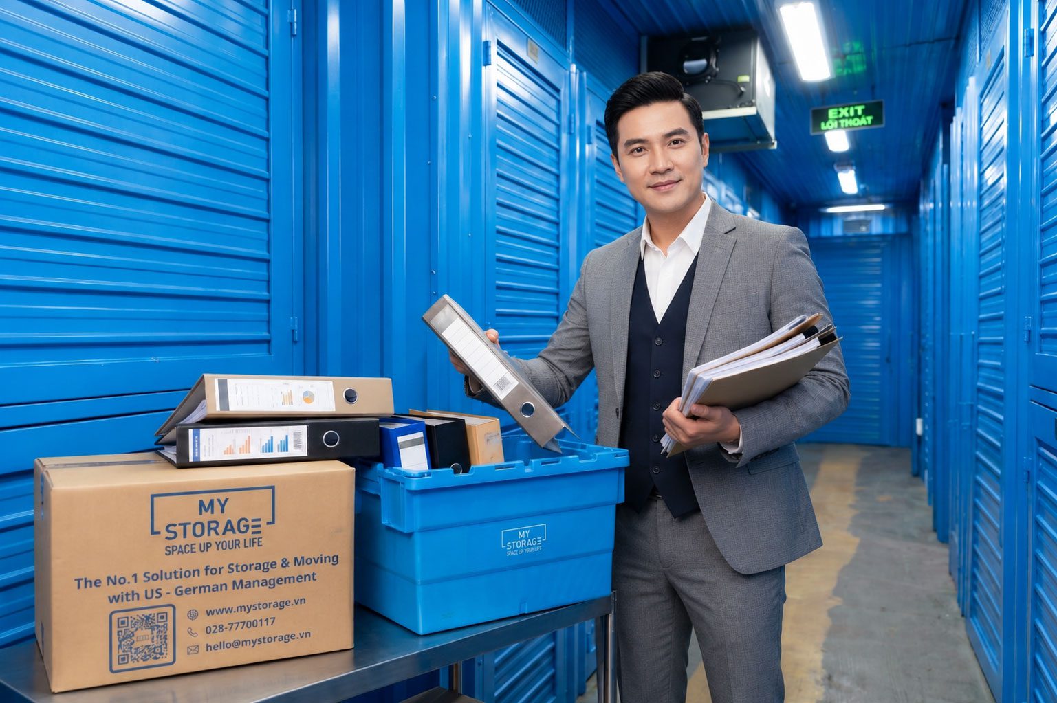 An office worker storing files and document boxes