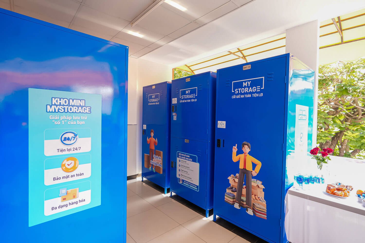 A row of MyStorage lockers beside a MyStorage information stand