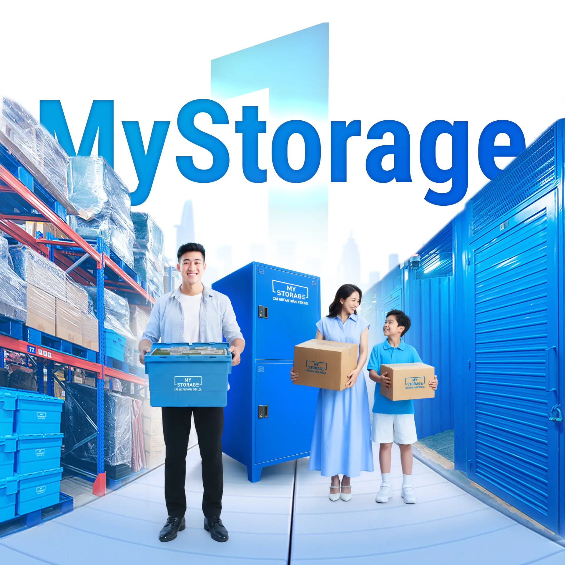 MyStorage staff and a family carrying storage boxes between blue lockers and warehouse shelves